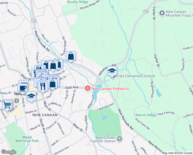 map of restaurants, bars, coffee shops, grocery stores, and more near 10 Canaan Close in New Canaan