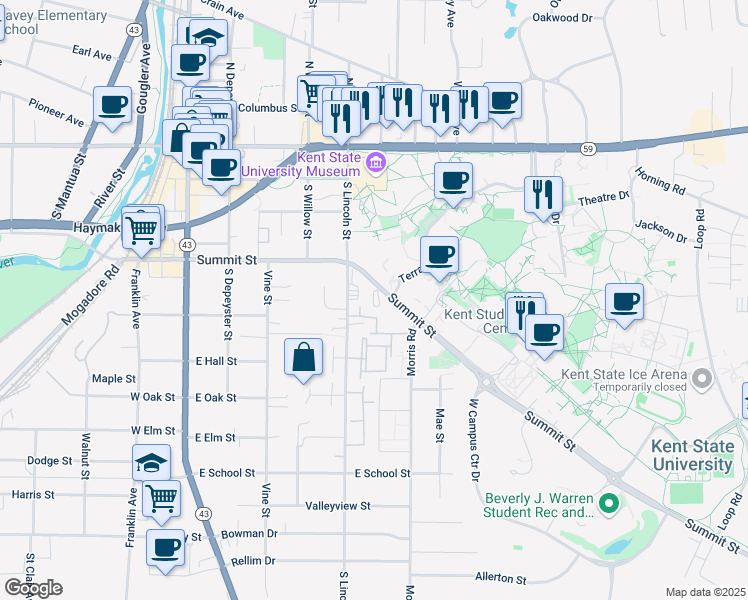 map of restaurants, bars, coffee shops, grocery stores, and more near 475 Terrace Drive in Kent