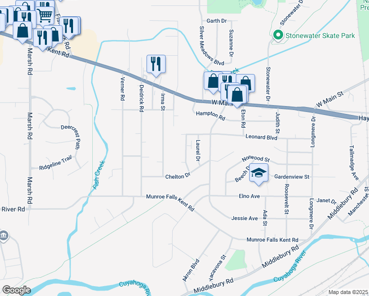 map of restaurants, bars, coffee shops, grocery stores, and more near 1252 Overbrook Drive in Kent