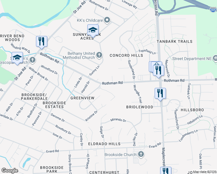 map of restaurants, bars, coffee shops, grocery stores, and more near 5635 Rothman Road in Fort Wayne
