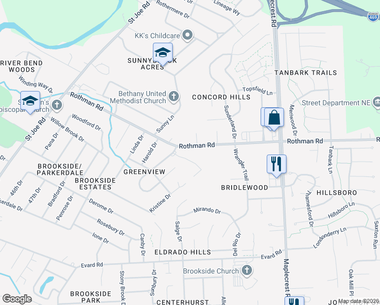 map of restaurants, bars, coffee shops, grocery stores, and more near 5635 Rothman Road in Fort Wayne