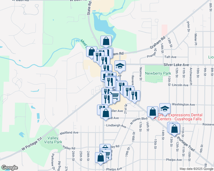 map of restaurants, bars, coffee shops, grocery stores, and more near 2071 Portage Trail in Cuyahoga Falls