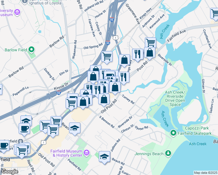 map of restaurants, bars, coffee shops, grocery stores, and more near 580 Post Road in Fairfield