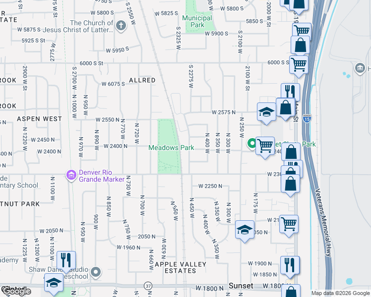map of restaurants, bars, coffee shops, grocery stores, and more near 2413 North 475 West in Sunset