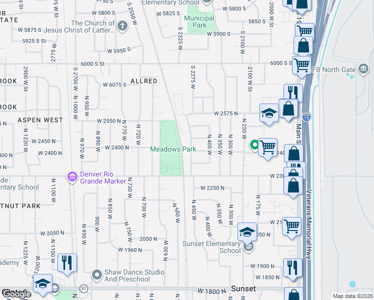 map of restaurants, bars, coffee shops, grocery stores, and more near 2413 North 475 West in Sunset