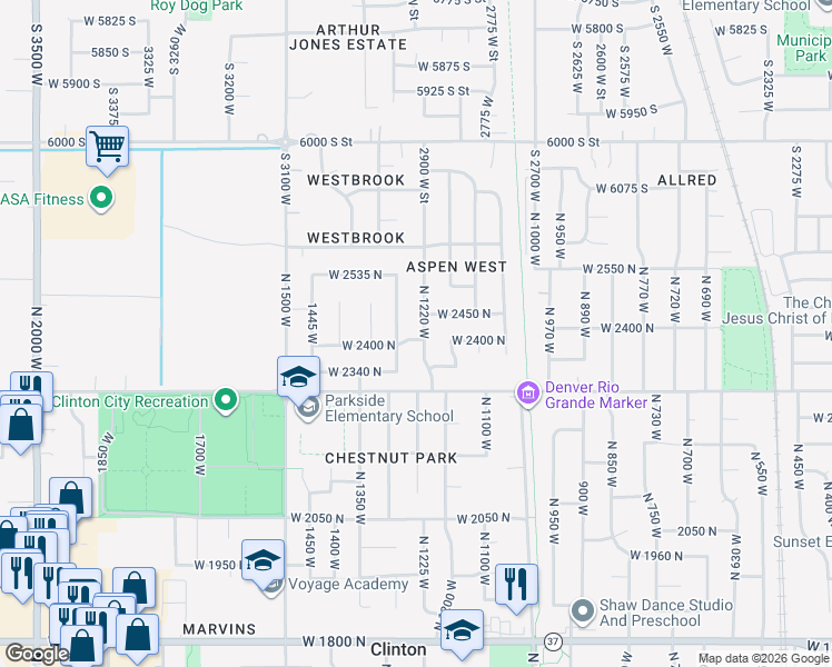 map of restaurants, bars, coffee shops, grocery stores, and more near 1248 2400 North in Clinton