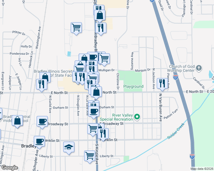 map of restaurants, bars, coffee shops, grocery stores, and more near 1035 East North Street in Bradley