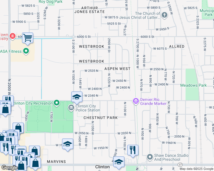 map of restaurants, bars, coffee shops, grocery stores, and more near 1248 2400 North in Clinton