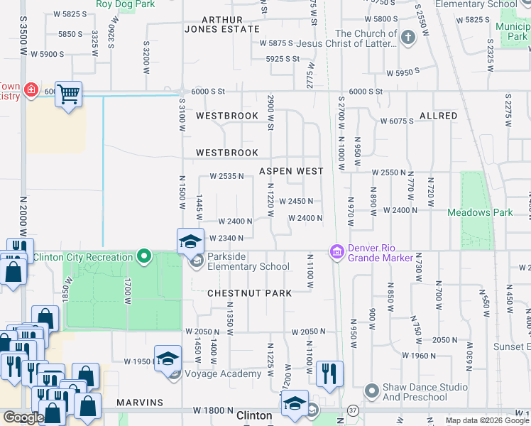 map of restaurants, bars, coffee shops, grocery stores, and more near 1248 2400 North in Clinton