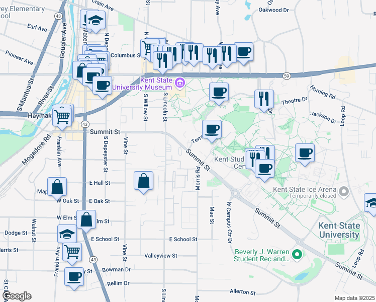 map of restaurants, bars, coffee shops, grocery stores, and more near 475 Terrace Drive in Kent