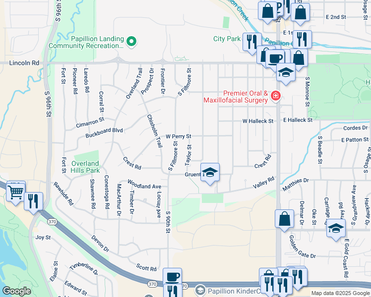 map of restaurants, bars, coffee shops, grocery stores, and more near 800 South Taylor Circle in Papillion