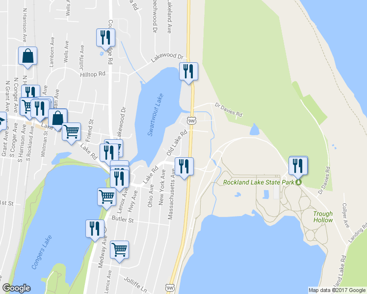 map of restaurants, bars, coffee shops, grocery stores, and more near 46 Old Lake Road in Congers