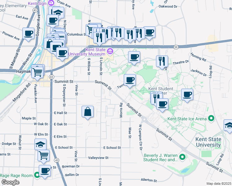 map of restaurants, bars, coffee shops, grocery stores, and more near 475 Terrace Drive in Kent