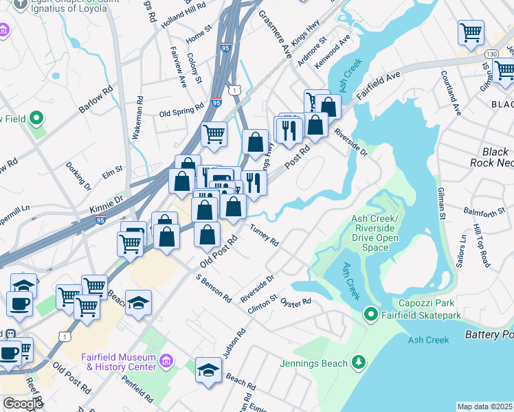 map of restaurants, bars, coffee shops, grocery stores, and more near 400 Post Road in Fairfield