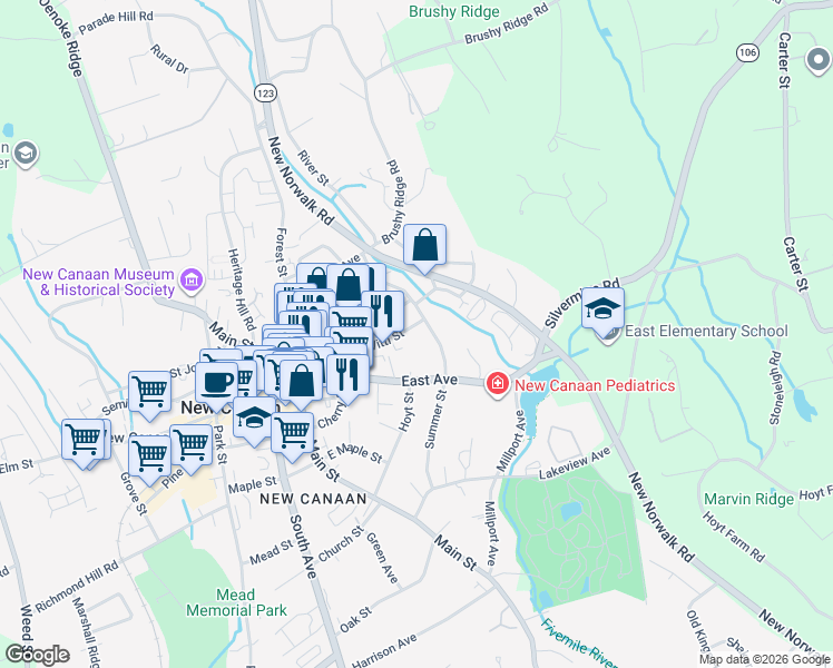 map of restaurants, bars, coffee shops, grocery stores, and more near 69 Summer Street in New Canaan