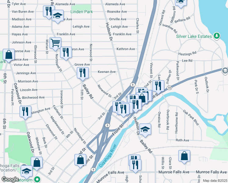 map of restaurants, bars, coffee shops, grocery stores, and more near 2806 Cora Street in Cuyahoga Falls