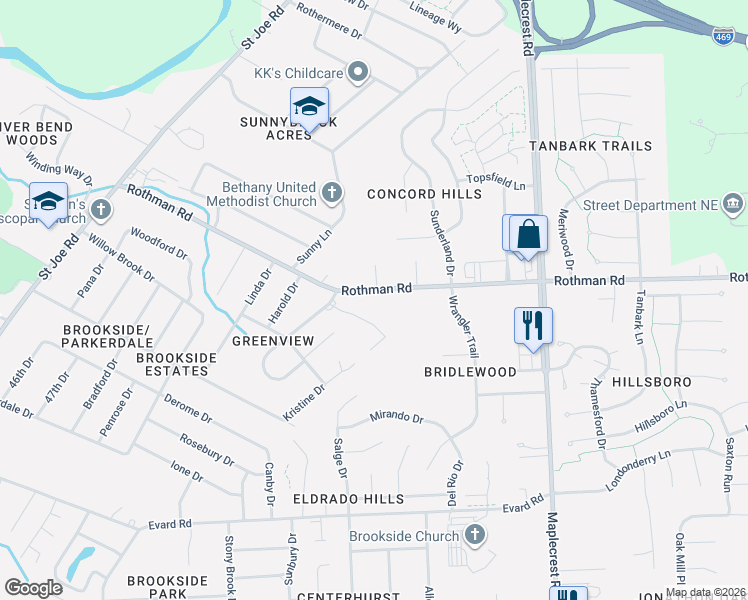 map of restaurants, bars, coffee shops, grocery stores, and more near 5635 Rothman Road in Fort Wayne