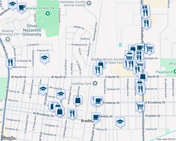 map of restaurants, bars, coffee shops, grocery stores, and more near 485 Ivy Lane in Bradley