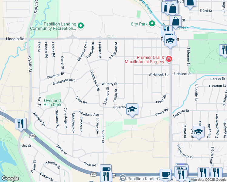map of restaurants, bars, coffee shops, grocery stores, and more near 800 South Taylor Circle in Papillion