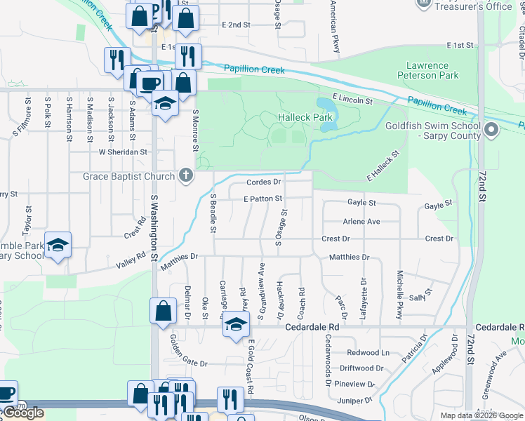 map of restaurants, bars, coffee shops, grocery stores, and more near 802 South Grandview Avenue in Papillion