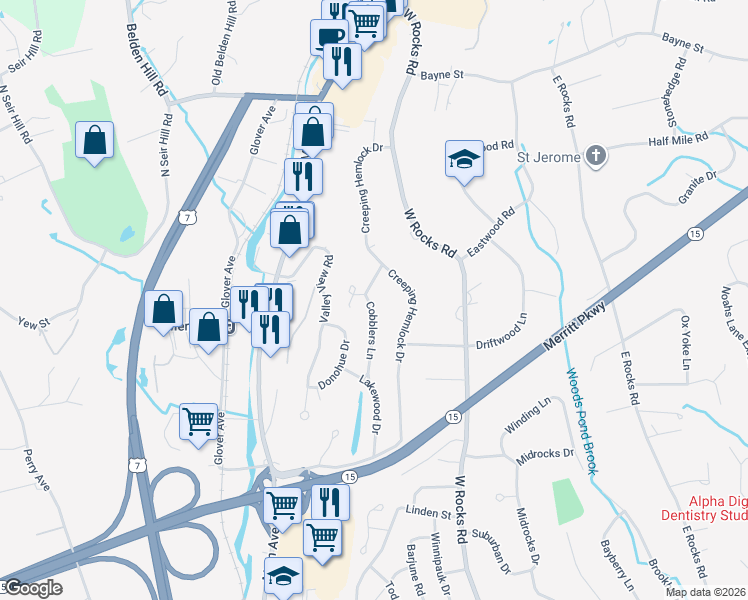 map of restaurants, bars, coffee shops, grocery stores, and more near 28 Cobblers Lane in Norwalk