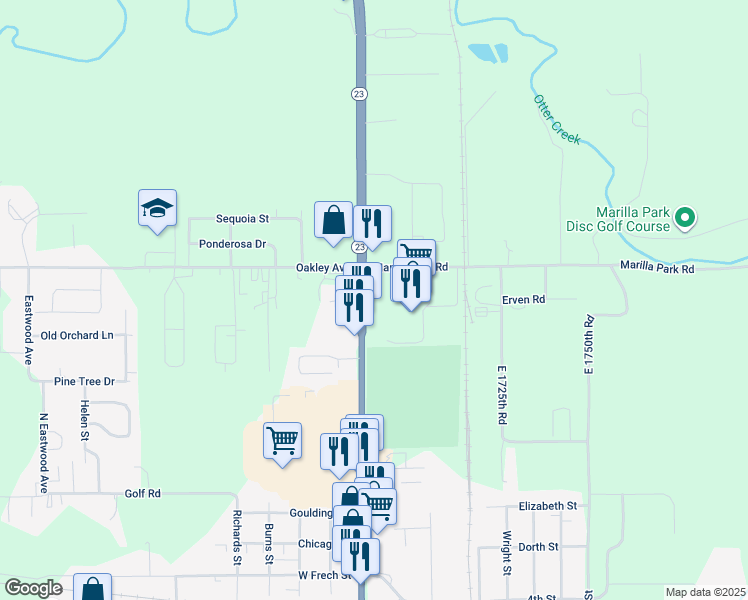 map of restaurants, bars, coffee shops, grocery stores, and more near 2399 North Bloomington Street in Streator
