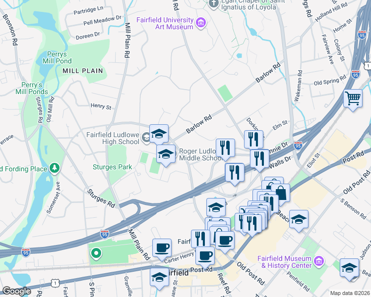 map of restaurants, bars, coffee shops, grocery stores, and more near 597 Barlow Road in Fairfield