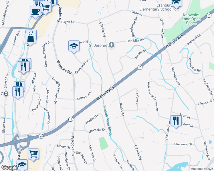 map of restaurants, bars, coffee shops, grocery stores, and more near 3 Dawn Road in Norwalk