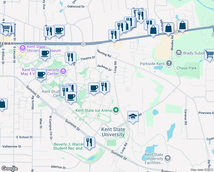 map of restaurants, bars, coffee shops, grocery stores, and more near Leebrick Drive in Kent