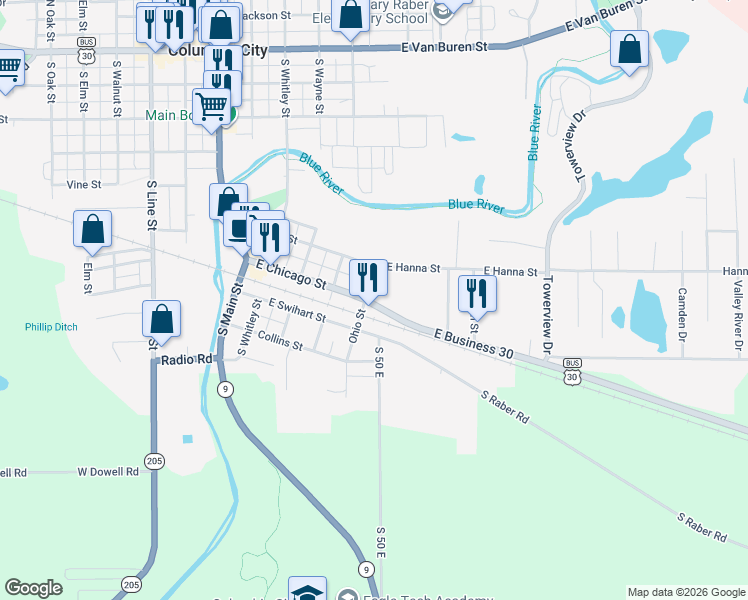 map of restaurants, bars, coffee shops, grocery stores, and more near 501 East Business 30 in Columbia City