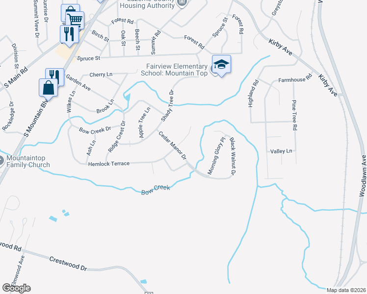 map of restaurants, bars, coffee shops, grocery stores, and more near 307 Hemlock Terrace in Mountain Top