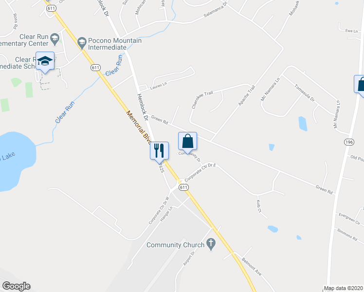 map of restaurants, bars, coffee shops, grocery stores, and more near 447 Community Drive in Monroe County
