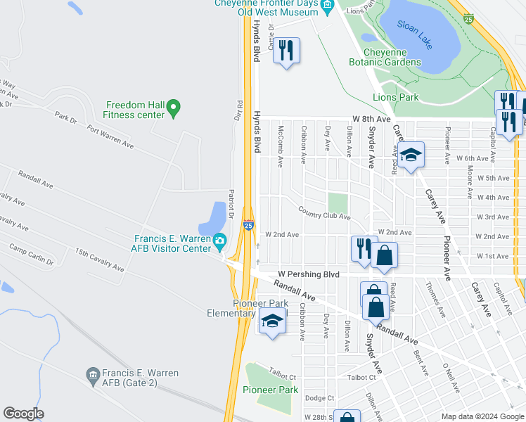 map of restaurants, bars, coffee shops, grocery stores, and more near 3583 Hynds Boulevard in Cheyenne