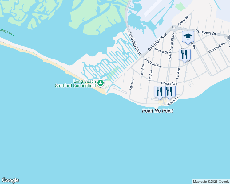 map of restaurants, bars, coffee shops, grocery stores, and more near 128 West Beach Drive in Stratford