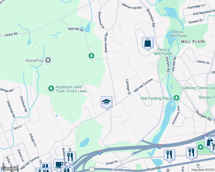 map of restaurants, bars, coffee shops, grocery stores, and more near 805 Mill Hill Road in Fairfield