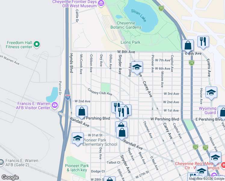 map of restaurants, bars, coffee shops, grocery stores, and more near 913 Foyer Avenue in Cheyenne