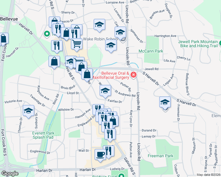 map of restaurants, bars, coffee shops, grocery stores, and more near 1216 Saint Andrews Road in Bellevue