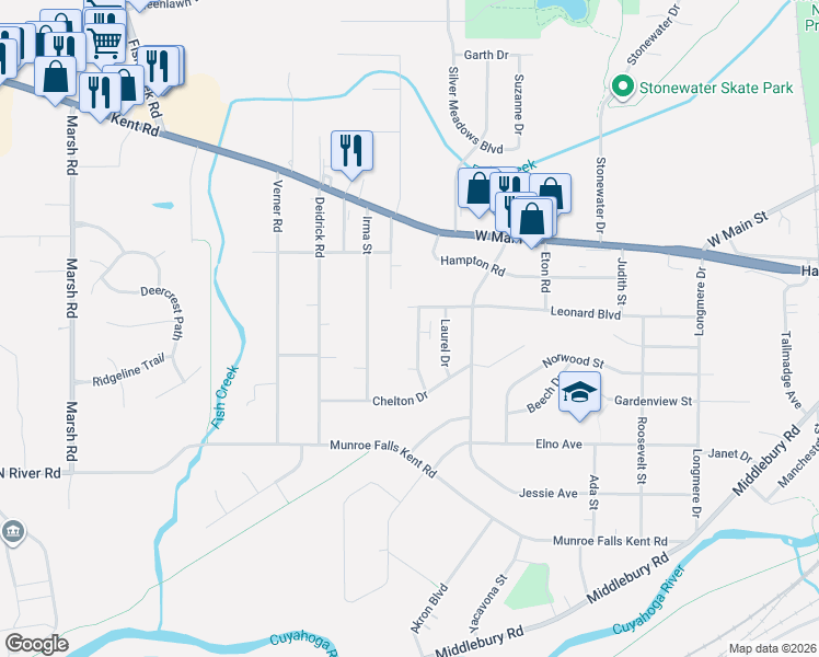 map of restaurants, bars, coffee shops, grocery stores, and more near 1252 Overbrook Drive in Kent