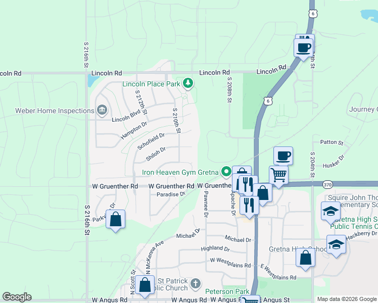 map of restaurants, bars, coffee shops, grocery stores, and more near 20906 Shiloh Circle in Gretna