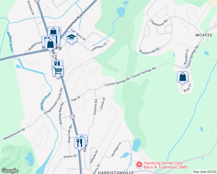 map of restaurants, bars, coffee shops, grocery stores, and more near 8 Crystal Springs Road in Hamburg
