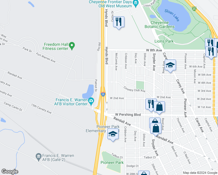 map of restaurants, bars, coffee shops, grocery stores, and more near 3583 Hynds Boulevard in Cheyenne