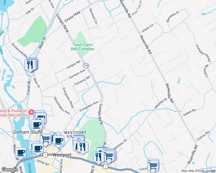 map of restaurants, bars, coffee shops, grocery stores, and more near 82 Compo Road North in Westport