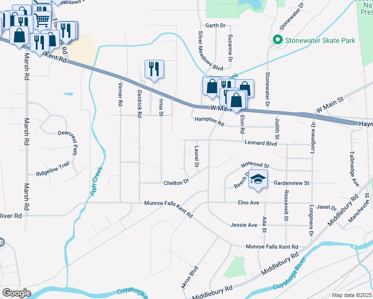 map of restaurants, bars, coffee shops, grocery stores, and more near 1252 Overbrook Drive in Kent