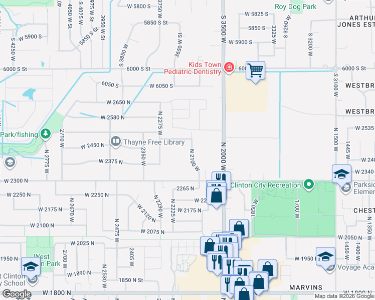 map of restaurants, bars, coffee shops, grocery stores, and more near 2431 North 2100 West in Clinton