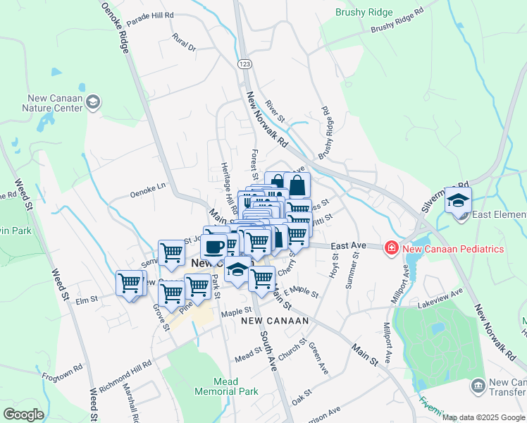 map of restaurants, bars, coffee shops, grocery stores, and more near 54 Forest Street in New Canaan