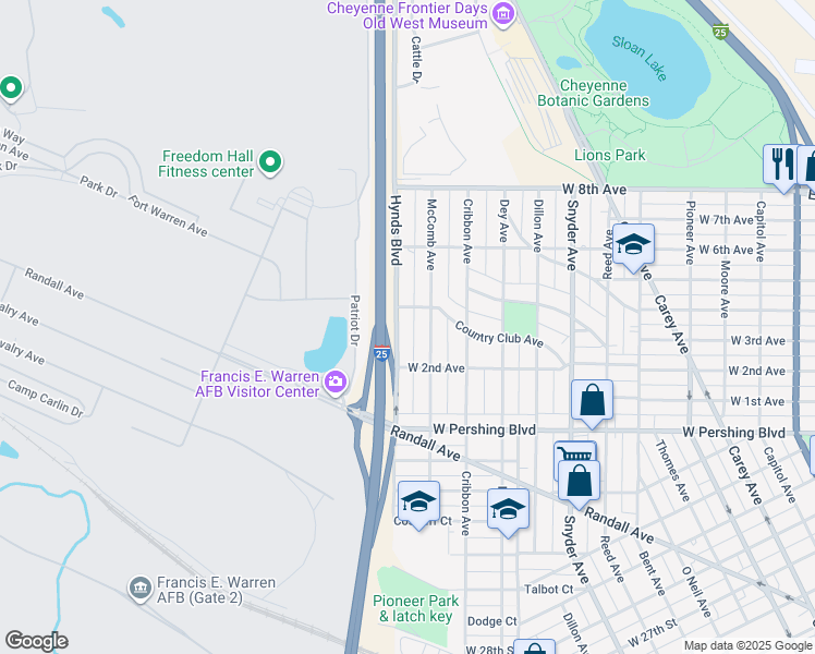 map of restaurants, bars, coffee shops, grocery stores, and more near 3583 Hynds Boulevard in Cheyenne