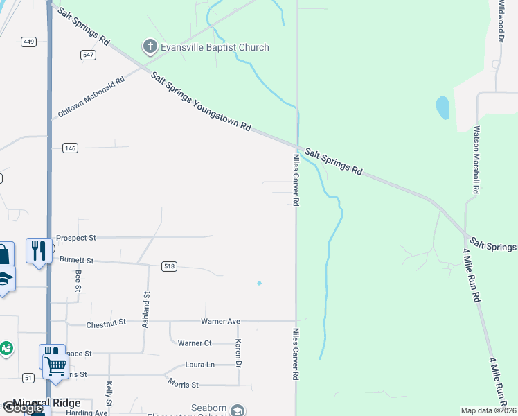 map of restaurants, bars, coffee shops, grocery stores, and more near 3418 Niles Carver Road in Mineral Ridge