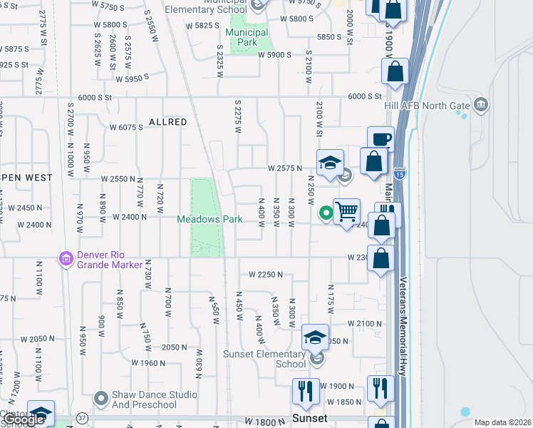 map of restaurants, bars, coffee shops, grocery stores, and more near 2446 North 400 West in Sunset