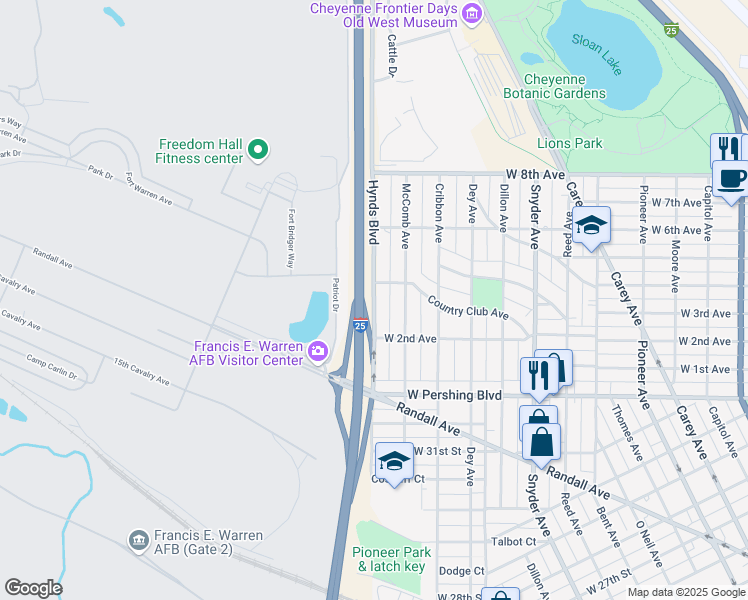 map of restaurants, bars, coffee shops, grocery stores, and more near 3583 Hynds Blvd in Cheyenne