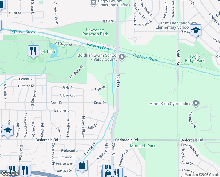 map of restaurants, bars, coffee shops, grocery stores, and more near 1003 Patricia Drive in Papillion